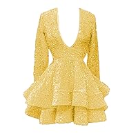PEIYJYUSP Long Sleeve Homecoming Dresses for Teens Sparkly Sequin V Neck Tiered Puffy Short Prom Dresses