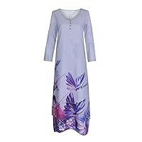 Anjikang Womens Cotton Linen Button Tshirt Dress Casual Floral Print Crewneck Long Sleeve Maxi Dress
