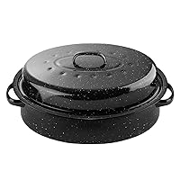 16Inch Roasting Pan, Enamel on Steel, Black Covered Oval Roaster Pan with Lid, Medium Cookware for Turkey, Small Chicken, Roast Baking Pan.