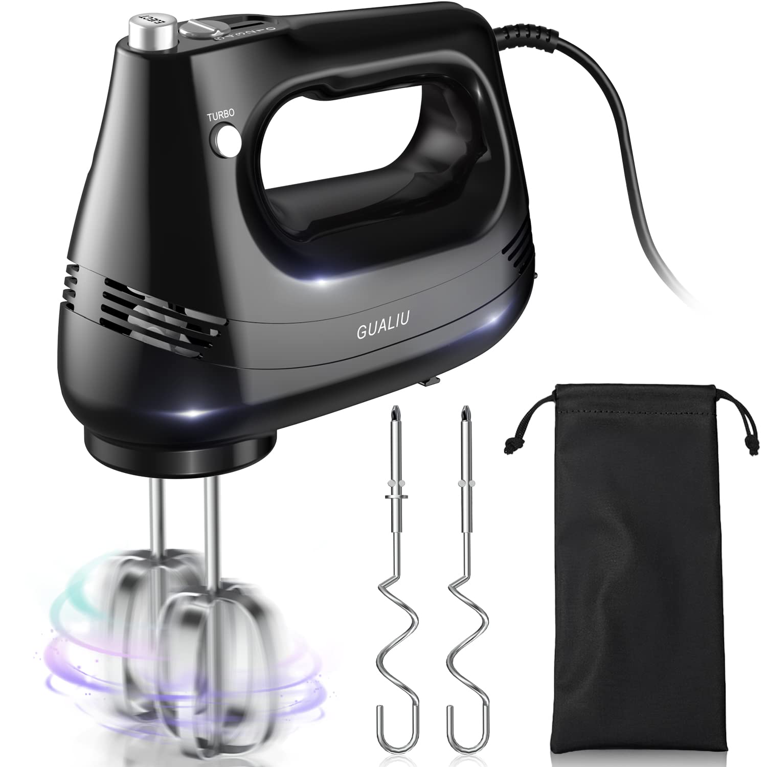 GUALIU Electric Hand Mixer with Stainless Steel Egg Beater, Dough Hook Attachment and Storage Bag Compact Lightweight Hand Mixer for Baking Cakes, Eggs, Cream Food Mixers. Turbocharged /5 Speed + Eject Button Kitchen Blender