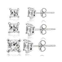 Sterling Silver Rhodium AAA 3,4,5MM Square Solitaire Stud Earring Set