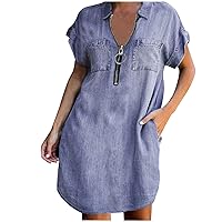 Womens Zipper Midi Denim Dress Slim Fit Lapel Short Sleeve T-Shirt Dress V Neck Distressed Jean Dresses Tunic Dresses