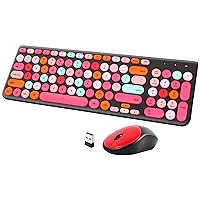 Wireless Keyboard and Mouse Combo, Retro Typewriter Wireless Keyboard with Round Keycaps, 2.4GHz Full-Size USB Cute Mouse for Desktop, Laptop and Computer (Black-Colorful)