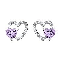 Created Heart & Round Cut Purple Amethyst & Diamond 925 Sterling Silver 14K White Gold Over Diamond Double Heart Stud Earring for Women's & Girl's