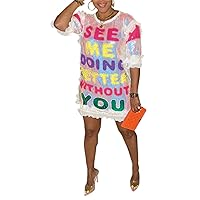 ENOPINK Womens Sequin Glitter Shirt Dress - Sexy Floral Letter Print 3/4 Sleeve Mini Dresses for Party Club