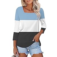 Womens 3/4 Sleeve Tops and Blouses Square Neck Stripe Printing Plus Sized Shirts 2024 Summer Ladies Blouse