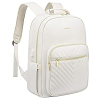 LOVEVOOK Laptop Backpack for Women, Faux Leather Business Work Backpack Purse, Vintage Travel Backpack with USB Charging Port, Waterproof Professor Nurse Bag Laptop Daypack, Beige