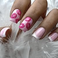Valentine's Day Press on Nails Medium Square French Tip Press on Nails Glossy Pink Red Lips Design Fake Nails Full Cover Stick on Nails Acrylic Artificial Nails for Women Valentine Medium French Nails