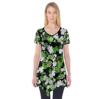 PattyCandy Women's Shirt Green Shamrock St. Patrick's Day & Galaxy Prints Short Sleeve Tunic Blouse, XS-3XL