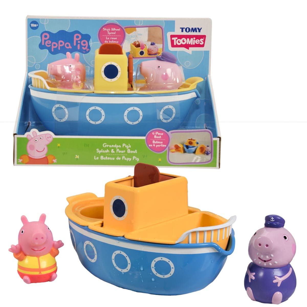 Tomy E73414 Grandpa Pig’s Splash & Pour Boat from Toomies – 4-in-1 Bath Time Peppa Pig Toy with Removable Water Sprinklers and Spinning Paddle Wheelhouse