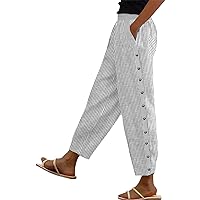 Women's Cotton Linen Capris Pants Casual High Waisted Tapered Crop Pant Solid Color Side Button Trouser with Pocket Harem Pants Women High Waist (B1-Grey,Large)