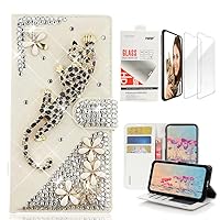 STENES Bling Wallet Phone Case Compatible with Samsung Galaxy S24 Ultra 5G - Stylish - 3D Handmade Leopard Flowers Design Leather Girls Women Cover with Screen Protector [2 Pack] - Gold