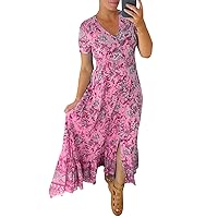 Women's Fashionable Casual Printed V Neck Dress, Tunic Waist Ruffle Sleeve Short Dress Bohemian Beach, S-2XL