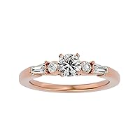 Certified 18K Gold Ring in Round Cut Moissanite Diamond (0.47 ct) Round Cut Natural Diamond (0.16 ct) Baguette Cut Natural Diamond (0.26 ct) With White/Yellow/Rose Gold Engagement Ring For Women