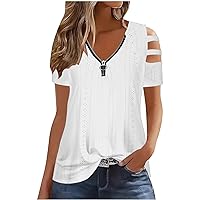 Women's Eyelet Embroidery T-Shirt Summer Zip Up V Neck Tops Loose Fit Casual Tops Cut Out Short Sleeve Blouse T Shirt