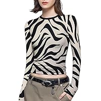 Plus Size Women's Sexy Zebra Striped Crop Tops Slim Fit Long Sleeve Crewneck T-Shirts Fashion Print Underwear Shirts