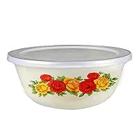 Vintage Enamel Bowl with Lid Nostalgic Chinese Style Salad Bowls for Dinner Bowls with Flower Pattern 6.3 Inch Rose Style Salad Bowls