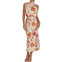 Womens Sexy Sleeveless Turtleneck Asymmetric Floral Printed Bodycon Party Clubwear Dress