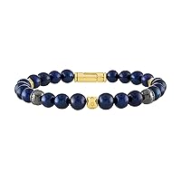 Bulova Jewelry Men's Classic Beaded Navy Fresh Water Pearls, Sterling Silver Beads accented with Diamonds, and Gold-tone Hexagonal Spheres Bracelet, Length 8.5