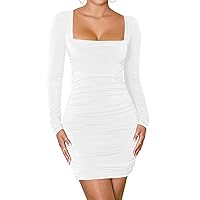 Mokoru Women's Sexy Ruched Bodycon Square Neck Long Sleeve Tight Party Mini Dress