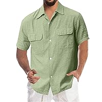 HAYKMTRU Mens Summer Cuban Linen Beach Shirts Casual Short Sleeve Two Pockets Button Down T-Shirts Classic Woven Shirt