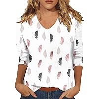 Womens Tops 3/4 Sleeve Vneck Cute Shirts Casual Print Trendy Tops Three Guarter Length T Shirt Spring Summer Pullover
