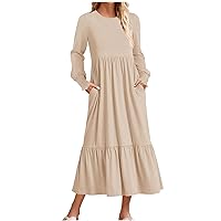 Spring Dresses for Women 2024 Casual Crewneck Long Sleeve Dress Loose Fit Pleated Tiered Flowy Swing Midi Dress with Pockets