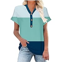 YZHM Women's Striped Henley Shirts Short Sleeve Trendy Tops Loose Fit V Neck Tshirts Casual Fashion Tees Comfy T-Shirts