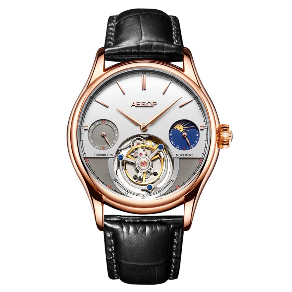 Guanqin Aesop Herren Mechanische Handaufzug Echtes Tourbillon Skelett Business Kleid Mondphase Armbanduhr Lederband