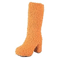 Mid Calf Fluffy Furry Boots Warm Platform Chunky High Heel Pull On Boots Fashion Winter Boots