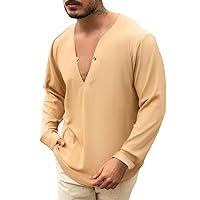 Gym Shirts for Men Cotton Long Sleeve Elastic Muscle Fit Blouse Crew Neck Stretch Casual Lounge Shirt Tops Tees