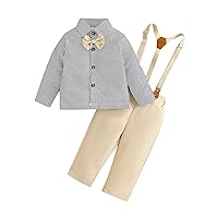 Infant Boy Kids Outfit Soft Cotton Warm Crewneck Long Sleeve Standing Collar Striped Shirt + Solid Color Strappy Pants