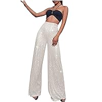 Womens Sparkle Sequin Pants Elegant High Waist Glitter Bell Bottoms Wide Leg Palazzo Flared Trousers