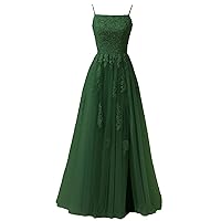 MllesReve Long Prom Dresses for Teens Spaghetti Straps Tulle Lace Applique Formal Evening Dresses with Slit