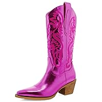 MUCCCUTE Women's Cowgirl Boots Metallic Cowboy Boots Chunky Block Heel Western Boots Ladies Vintage Wide-calf Boot