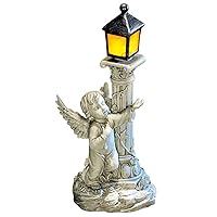 Collections Etc Solar Powered Light-up Lantern with Cherub Figurine - Intricate Carved Details in Cherub and Light Post Displays, Resin Material Safe for All Weather, Silver