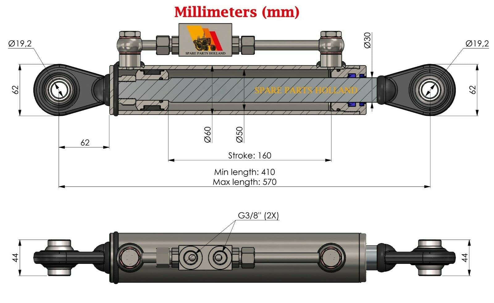 Hydraulic Top Link Cat. 1-1 with Locking Block Min. 16 1/8”→ Max. 22 7/16” with 2 x Hoses Stroke. 6 5/16