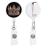Mardi Gras Pattern Crown Cute Retractable Badge Reel Clips Holder for Hanging ID Card Name with Key Chain for Men Women