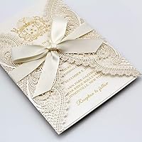 25-Pack Ivory Laser Cut Lace Wedding Invitations Wraps with Shimmer Insert and Ribbon Bow, Elegant Invite Cards for Wedding/Bridal Shower/Birthday Party, 125 x 185mm (25 Invitations)