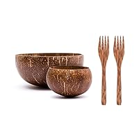 2 Eco-Friendly Original Coconut Bowls (Small & Jumbo) w/ 2 Coconut Wood Forks - 100% Natural, Organic Kitchen Set - Handcrafted from Reclaimed Coconut Shells + Offcuts