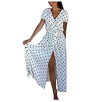 Women's V-Neck Glamorous Dress Flowy Casual Loose-Fitting Summer Swing Print Beach Short Sleeve Long Floor Maxi White