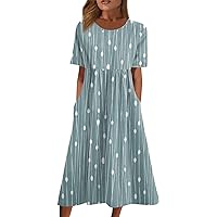 Fun Spring Wedding Tunic Dress Woman Short Sleeve Shift Cotton Slim Fit Womens Smocked Crewneck Printing Turquoise M