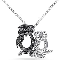 Black & White Diamond Accent Motherly Owl Pendant In 925 Sterling Silver With Beaded 14k Black Gold Plated