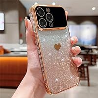 Luxury Large Window Plating Gradient Glitter Love Heart Clear Silicone Soft Case for iPhone 15 Pro Max 14 13 12 11 14Plus Cover,Gold,for iPhone 11Promax
