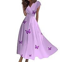 Floral Dress for Women Butterfly Pattern Fashion Modest Elegant with Short Sleeve V Neck Swing Tunic Dresses Light Purple Medium