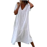 Beach Dresses for Women 2024 Vacation Summer Trendy Short Sleeve V Neck Long T Shirt Dress Baggy Loose Midi Sundresses