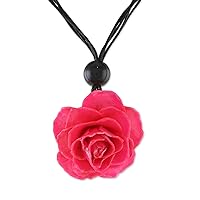 NOVICA Handmade .925 Sterling Silver Natural Rose Pendant Necklace in Fuchsia from Thailand Resin Glass Bead Black 'Rosy Chic in Fuchsia'
