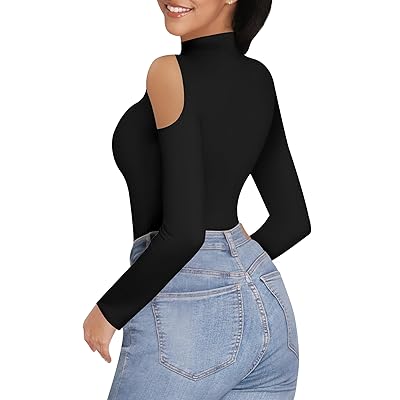 MANGOPOP Long Sleeve Body Suits for Womens Turtleneck Bodysuit Going Out  Tops with Sexy Shoulder Cutout, A Black, Small