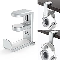 PC Gaming Headset Headphone Hook Holder Hanger Mount,Headphones Stand with Adjustable & Rotating Arm Clamp,Under Desk Design,Universal Fit,Built in Cable Clip Organizer Silver EURPMASK