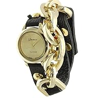 Geneva Platinum Jb12964612 Designer Inspired Fancy Chain Faux Leather Watch- BLACK/GOLD
